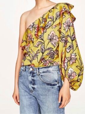 Zara Yellow Floral One-Shoulder Ruffle Top bodysuit with Pink Accents